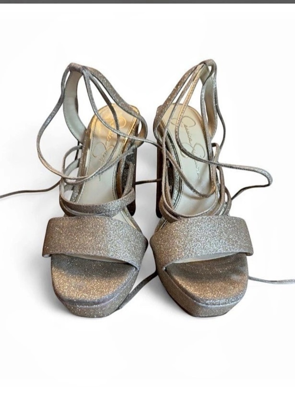 Jessica Simpson Glitter Strappy Platform Heels in silver/gold